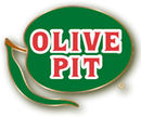 Olive Pit in red text with a white outline on a green olive