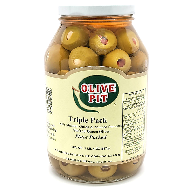 Triple Stuffed Placed Pack Olives - Almond, Onion & Pimiento